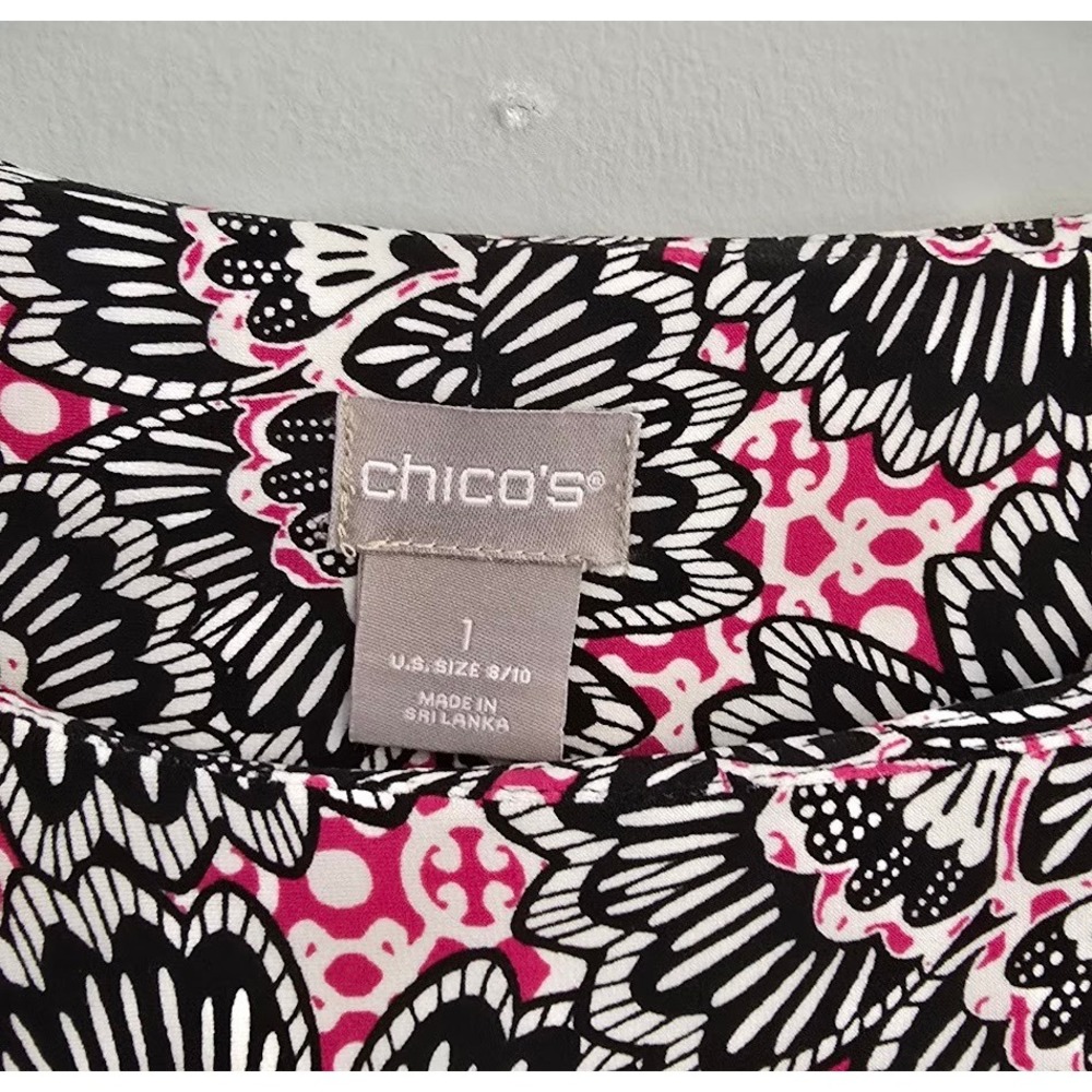 Chico's Womens Dress Etch Floral Shirt Pink Black White Knee Length 1 (8/10) - Picture 3 of 5